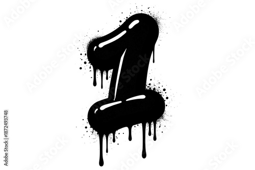 Graffiti style dripping black number one with splatter effect on white background
