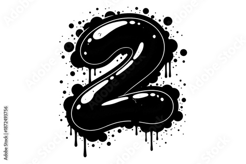 Graffiti style number two with dripping black ink on white background