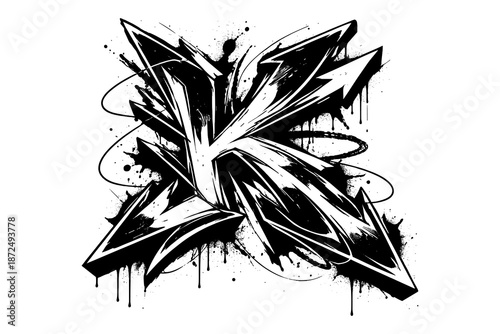 Bold graffiti letter k with dynamic arrows and splatter effects