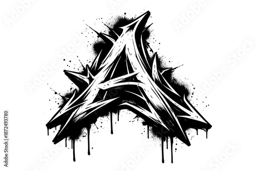 Bold graffiti letter a with dripping paint and ink splatter effect