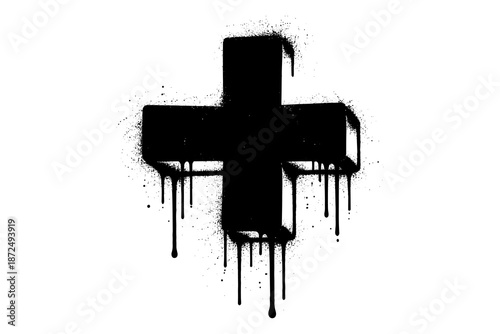 Grunge dripping cross with spray paint effect on white background