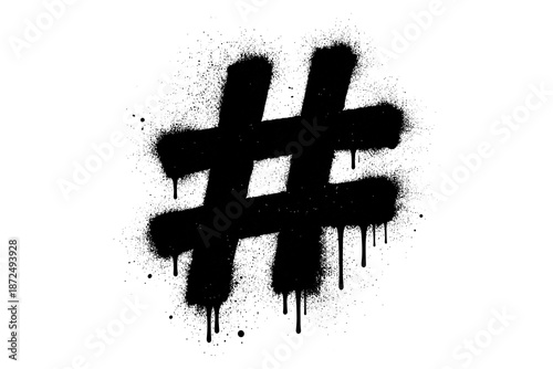 Graffiti style black hashtag symbol with dripping spray paint effect