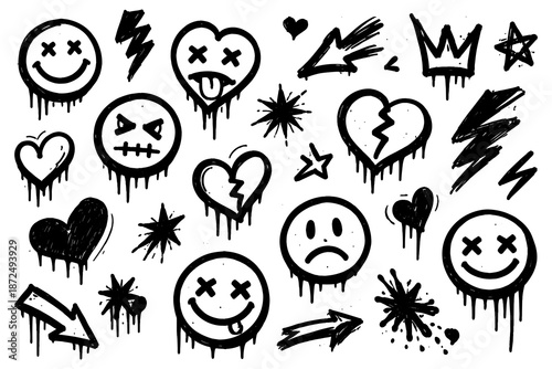 Grunge style emojis and symbols with dripping ink effects