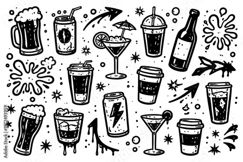 Hand drawn beverage icons with splatter effects in monochrome doodle style