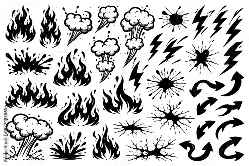 Dynamic set of black and white explosion and fire elements with lightning and smoke effects