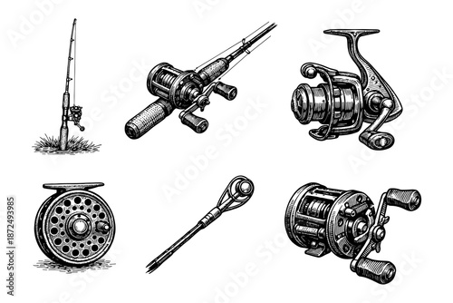 Vintage fishing gear set with classic reels and rods drawing style