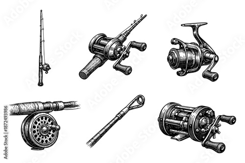 Vintage fishing gear: detailed hand drawn style fishing rods and reels