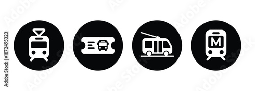 Circular Public Transit Icon Set - White Minimalist Commuter Vector Symbols on Black