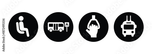 Circular Public Transit Experience Icon Set - White Minimalist Commuter Service Vector Symbols on Black