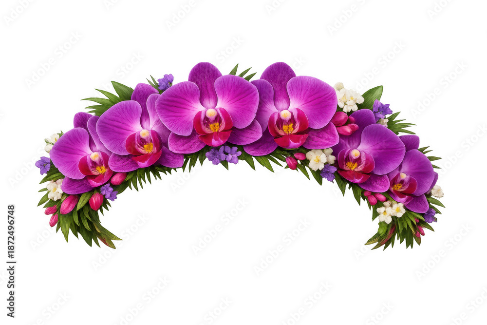 Naklejka premium Vibrant purple orchid flower crown forming a curved tropical headband, ideal for luau celebrations and festive decorations
