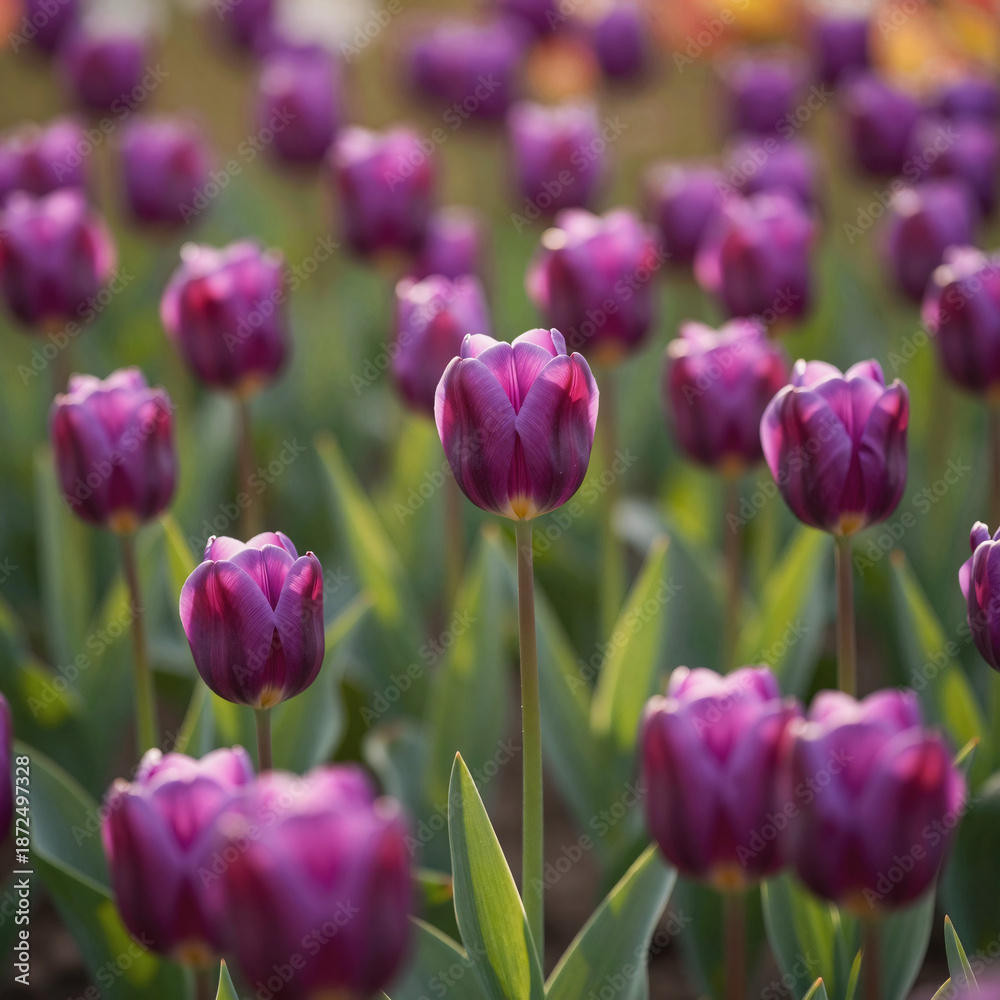 Fototapeta premium Sunlit meadow filled with purple tulips exudes a magical charm