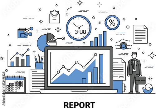 Business report illustration with data analytics dashboard, performance charts, financial statistics, time management, corporate reporting, and modern data driven business analysis concept