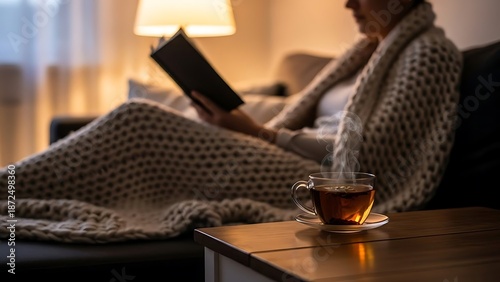 Cozy evening reading book with steaming cup of hot tea on a living room couch