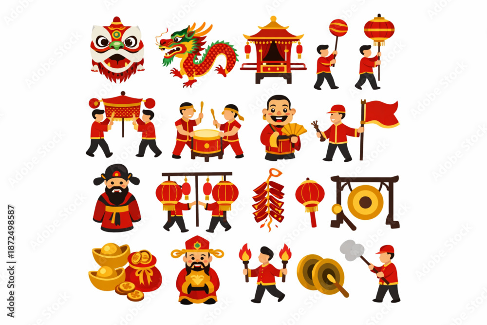 Fototapeta premium Chinese New Year Icon Pack Illustrating Ceremonial Procession Elements Flat Vector