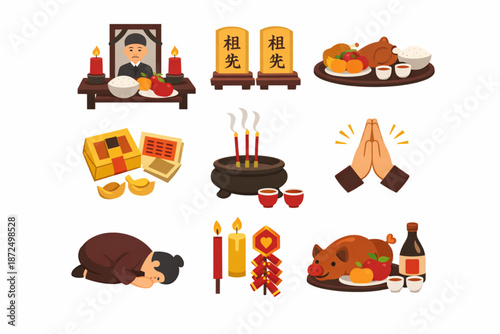 Chinese New Year Icon Set Representing Ancestral Respect Traditions Flat Vector