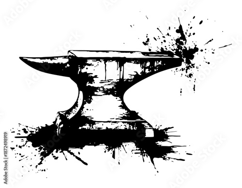 Heavy blacksmith anvil silhouette with grunge ink splatter and messy artistic style
