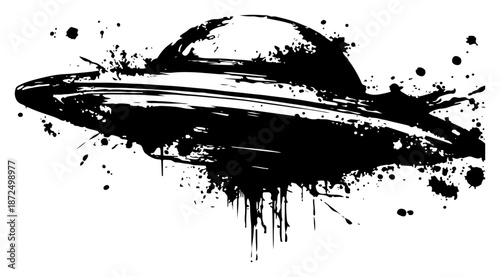 Black and white flying saucer ufo with grunge ink splatter vector illustration