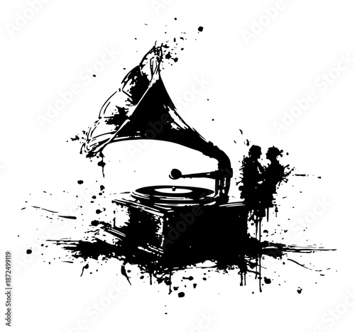 vintage gramophone record player illustration with antique style and grunge ink splashes