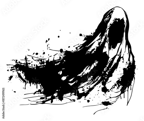 Spooky hooded grim reaper figure in black grunge ink style