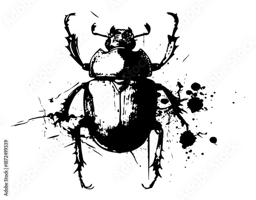 large beetle insect top view drawing with grunge ink splatters
