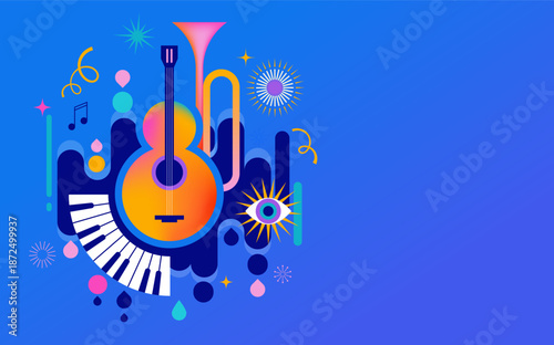 Colorful carnival and music festival poster and banner with abstract musical instruments