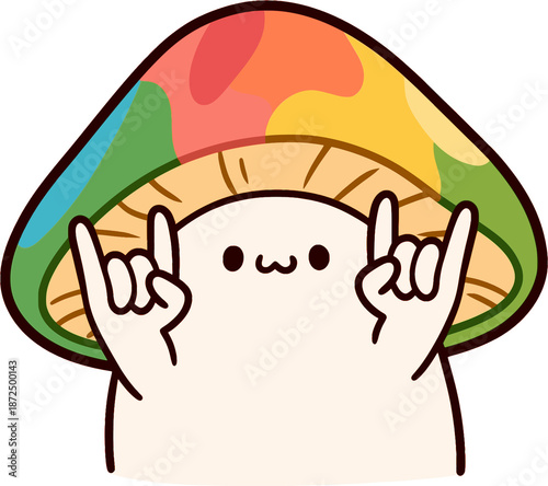 cute cartoon mushroom character smiling happy playful rainbow creature rock hand gesture sign minimal illustration art design white background