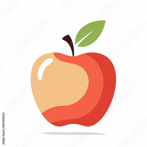 A vibrant red apple with a green leaf on a white background, viewed from the front.