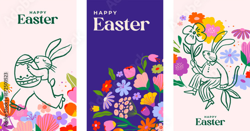 Cute Easter vertical banners with rabbits and colorful spring flowers. Playful folk art style with floral elements.