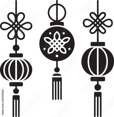 Elegant Lanterns: Symbolic monochrome representation of ornate lanterns, each meticulously crafted with intricate designs and delicate tassels, against a minimalist background. 