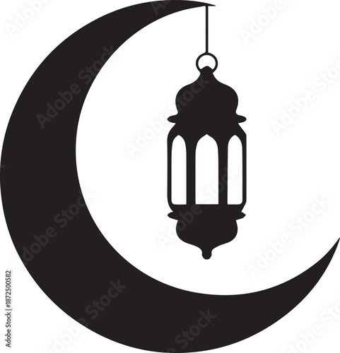 A black and white depiction of a crescent moon with a lantern suspended from it, representing peace and spirituality, perfect for Ramadan and Eid Mubarak.