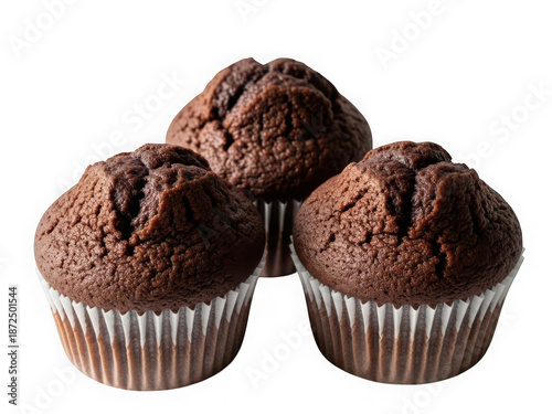 Four delicious chocolate muffins isolated on transparent background