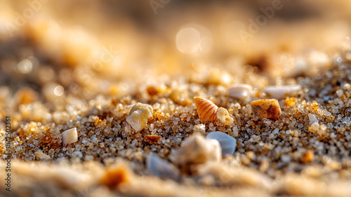Sea sand in macro view, detailed texture of fine golden grains mixed with tiny seashell fragments glistening under sunlight, soft shadows creating a sense of depth and warmth.