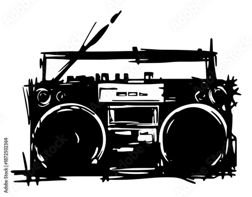 Vintage retro boombox radio in a grungy hand drawn stencil style on white background
