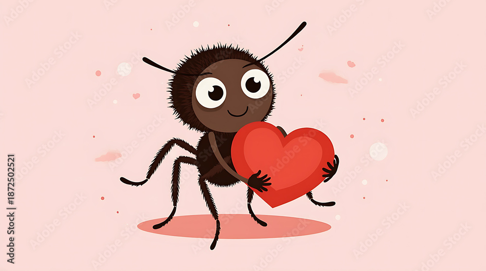 Fototapeta premium The ant holds a red heart in its hands as a symbol of love.