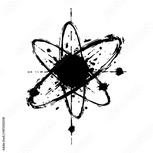 Abstract atom model with orbiting electrons in urban ink splatter style