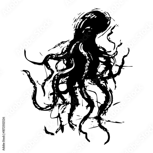 Artistic illustration of an octopus kraken with tentacles in a grungy hand drawn ink splatter style