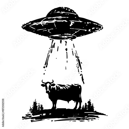 Sci-fi ink sketch of a UFO flying saucer abducting a cow from a field