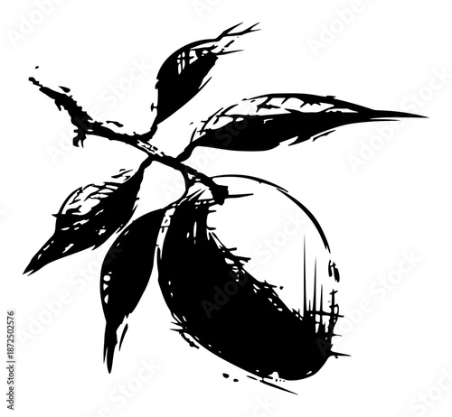 Fruit on a branch with leaves in expressive urban ink splatter style