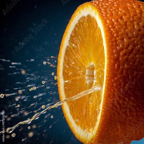 Orange slice with juice spray macro