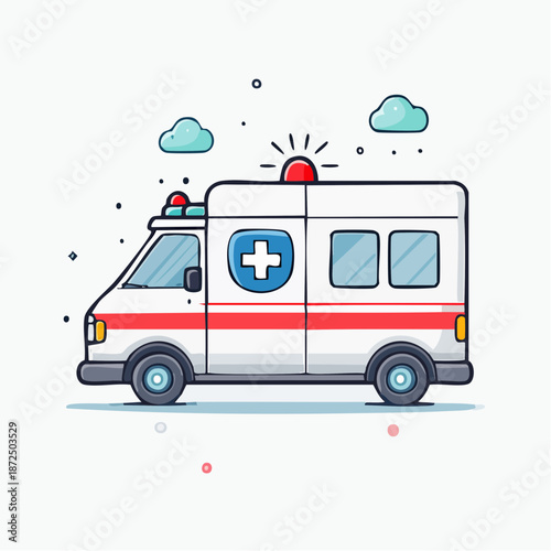 Illustration of a white ambulance with red stripe and blue flashing lights, representing emergency medical services and urgent healthcare
