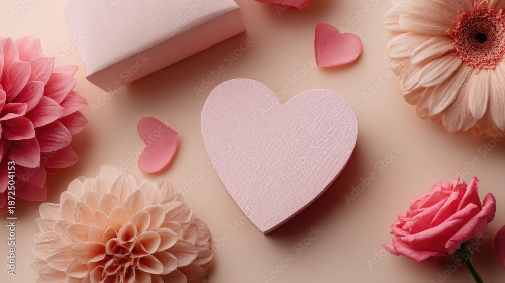 Obraz premium Romantic Flat Lay of Pink Hearts, Flowers, Gift Box and Petals, Ideal for Celebrating Love, Friendship, or Special Moments on Neutral Background