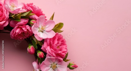Pink flowers arranged on a soft pastel background with ample copyspace for text