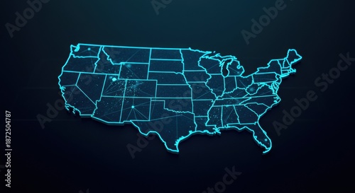 Map of United States outlined in neon blue with illuminated state borders