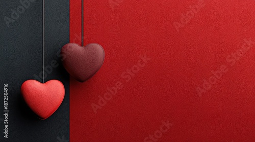Two Colorful Hearts Hanging on String Against a Red and Black Background Ideal for Valentine’s Day, Love, Affection, and Relationship Themes