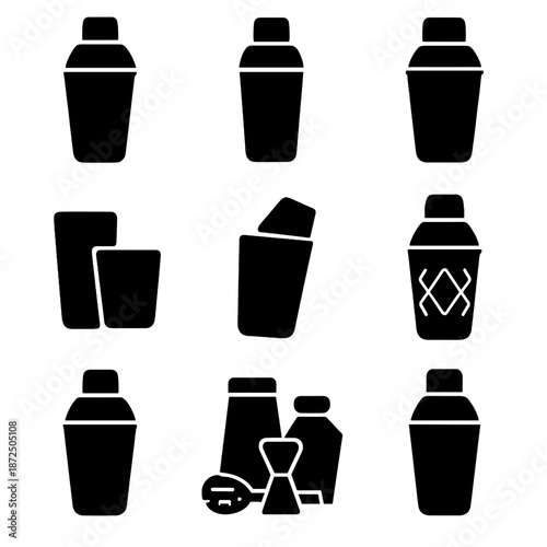 Cocktail shaker icons set with glasses and ice cubes for mixology concepts