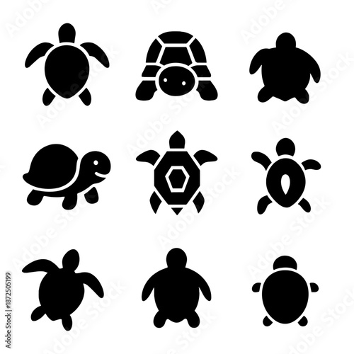 Nine black tortoise and turtle icons with blurred background