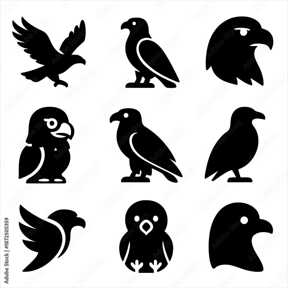 Fototapeta premium Silhouette bird icons: eagle, parrot, owl and more in black and white