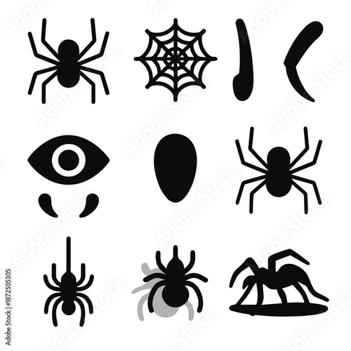 Spider and insect silhouettes with web on gray background