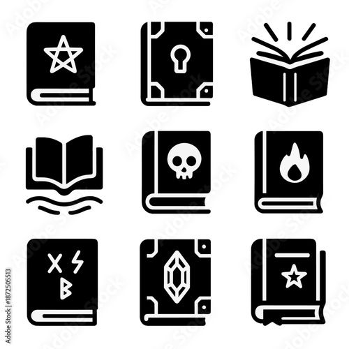Set of nine magic book icons with symbols and decorative elements