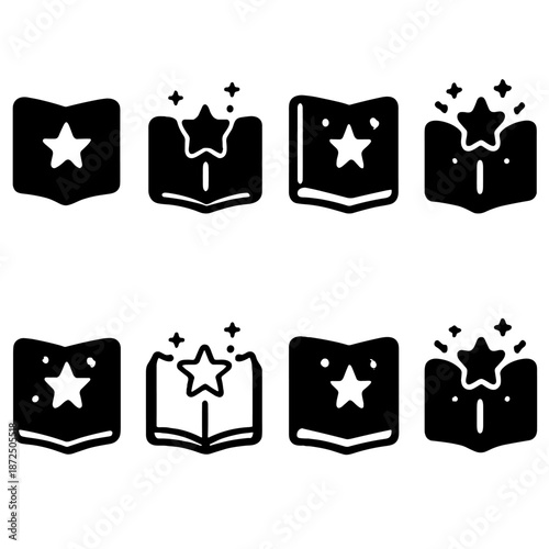 Icon set of magical books with stars and sparkles on dark background
